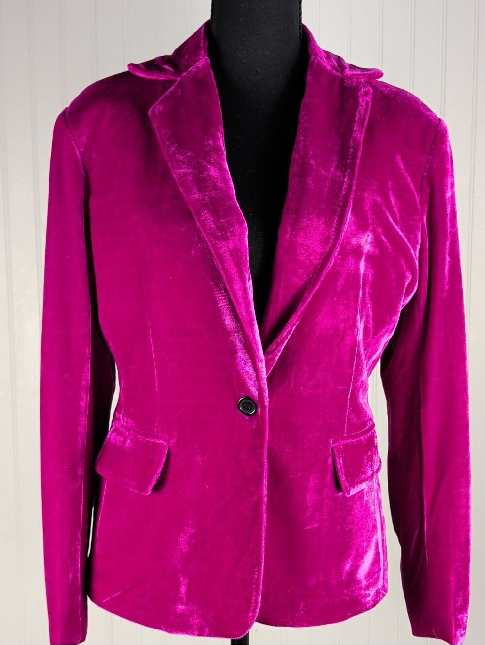Vibrant Magenta Velvet Blazer Single Button Pink Jacket Flap Pockets Medium